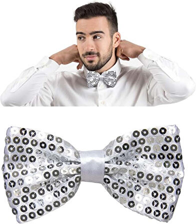 Gece Işıltısı Gümüş Payetli Pullu Papyon 7x2 cm