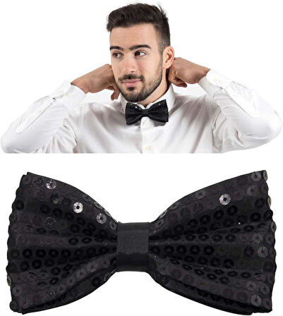 Gece Işıltısı Siyah Payetli Pullu Papyon 7x2 cm