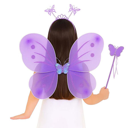 Lila Renk Kelebek Kanadı Tacı ve Sopası 50x37 cm