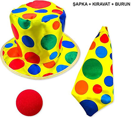 Nessiworld Renkli Palyaço Kostüm Seti – 3 Parça Aksesuar (Şapka, Kravat, Burun)