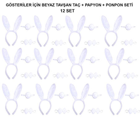 Beyaz Tavşan Kostüm Seti – Taç, Papyon, Kuyruk (12’li Paket)