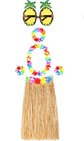Nessiworld Hawaii Parti Kostüm Seti - 60 cm Hasır Etek, Çiçekli Aksesuarlar ve Ananas Gözlük