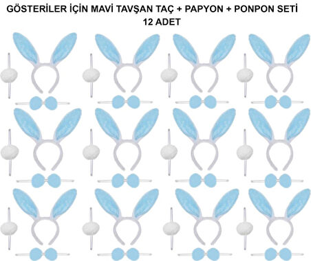 Mavi Tavşan Kostüm Seti – Taç, Papyon, Ponpon (12’li Paket)
