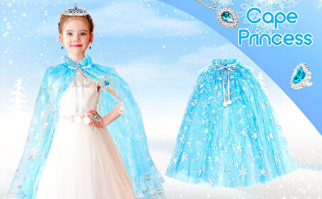 Nessiworld Karlar Ülkesi Elsa Frozen Mavi Pelerin – 80 cm Kar Desenli Çocuk Pelerini ( Taç Hariç )