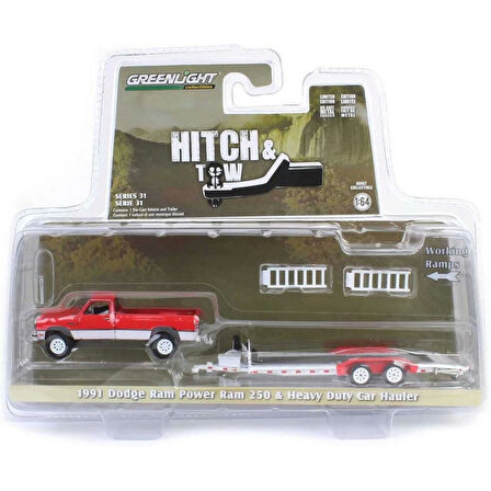 Greenlight 1/64 Hitch & Tow Series 31 - 1991 Dodge Ram Power Ram 250 with Heavy Duty Car Hauler