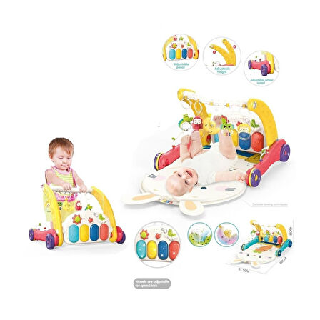 BIB6016- Vardem Piyanolu Bebek Yürüteci ve Tavşan Desenli Kırmızı Oyun Halısı 2 in 1
