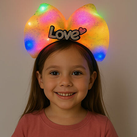 Nessiworld LED Işıklı Love Yazılı Sarı Fiyonk Taç - Kız Çocuk Parti Tacı