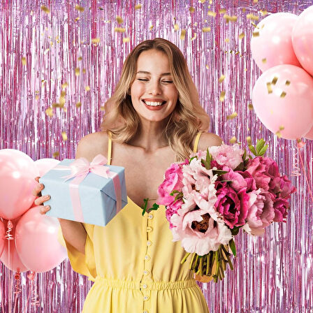 Nessiworld Rose Gold Renk Ekstra Metalize Parlak Saçaklı Arka Fon Perde İthal A Kalite 1x2 Metre