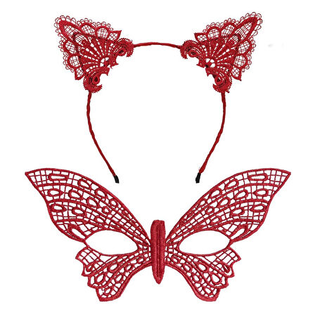 Nessiworld Gösterişli Kırmızı Dantel Maske ve Taç Seti 7 No - Masquerade ve Davetler için