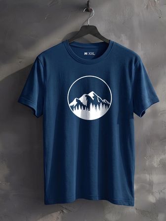 Doğa ve Dağ Silüeti Baskılı %100 Pamuklu Unisex Lacivert Tişört