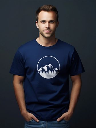 Doğa ve Dağ Silüeti Baskılı %100 Pamuklu Unisex Lacivert Tişört