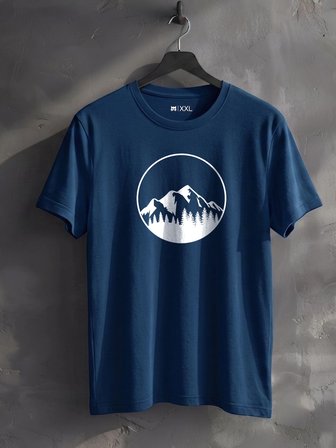 Doğa ve Dağ Silüeti Baskılı %100 Pamuklu Unisex Lacivert Tişört