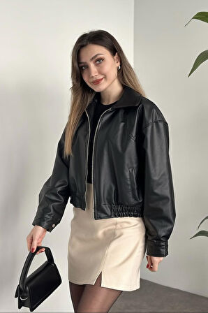 Prifaldi Yeni Sezon Oversiz Belden Lastikli Bomber Deri Ceket Siyah