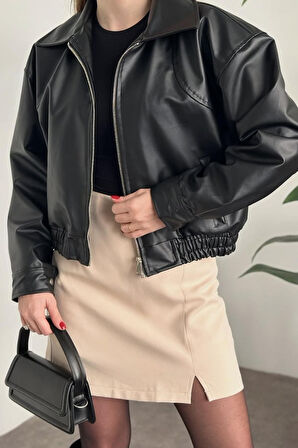 Prifaldi Yeni Sezon Oversiz Belden Lastikli Bomber Deri Ceket Siyah