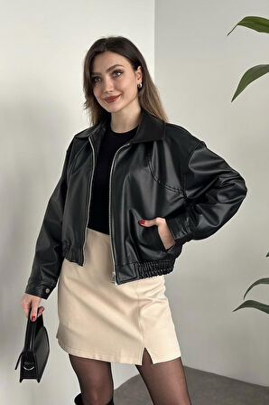 Prifaldi Yeni Sezon Oversiz Belden Lastikli Bomber Deri Ceket Siyah