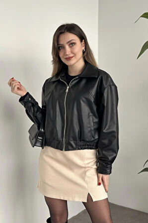 Prifaldi Yeni Sezon Oversiz Belden Lastikli Bomber Deri Ceket Siyah