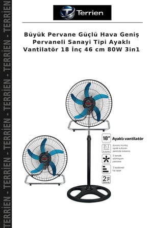 Büyük Pervane Güçlü Hava Geniş Pervaneli Sanayi Tipi Ayaklı Vantilatör 18 İnç 46 cm 80W 3in1