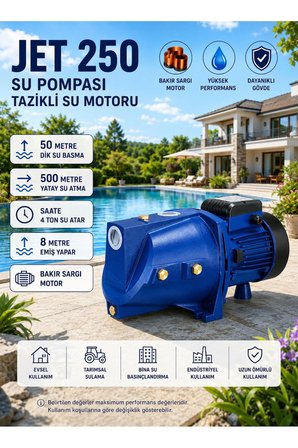 BAKIR JET250 YÜKSEK BASINÇLI KENDİNDEN EMİŞLİ SU MOTORU 8 mt EMİŞ | 50 mt DİK | 500 mt YATAY SU BASA