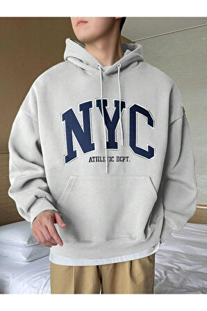 Erkek Siyah Nyc Baskılı Oversize Kapşonlu Sweatshirt