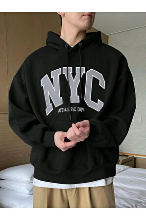 Erkek Siyah Nyc Baskılı Oversize Kapşonlu Sweatshirt