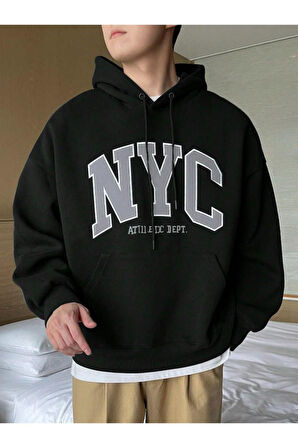 Erkek Siyah Nyc Baskılı Oversize Kapşonlu Sweatshirt