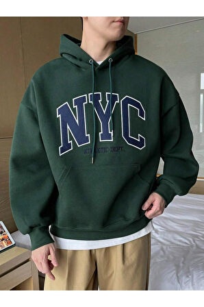 Erkek Siyah Nyc Baskılı Oversize Kapşonlu Sweatshirt