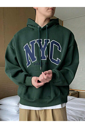 Erkek Siyah Nyc Baskılı Oversize Kapşonlu Sweatshirt