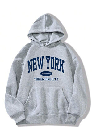 NewYork The Empire City Baskılı Unisex Gri Kanguru Cepli Kapüşonlu Sweatshirt Hoodie | M