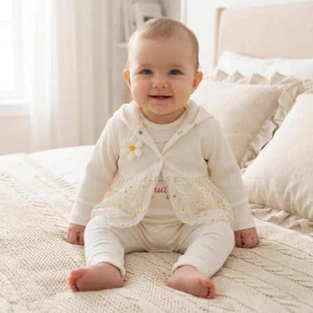 Nayinom Kız Bebek Tül Detaylı Papatyalı 3'lü Takım %100 Pamuk