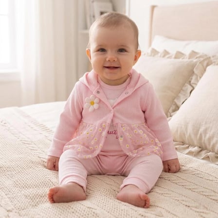 Nayinom Kız Bebek Tül Detaylı Papatyalı 3'lü Takım %100 Pamuk