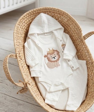 Nayinom Minik Aslan Figürlü Erkek Bebek 3'lü Takım - Kapüşonlu Hırka, Uzun Kollu Zıbın ve Pantolon Seti