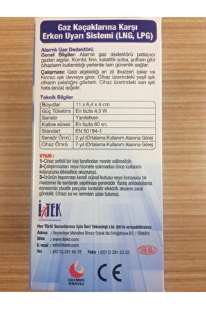 Itek Nys-02 Model Gaz Alarm Cihazı Doğalgaz Lpg Dedektörü Tse