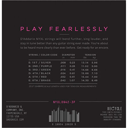 DADDARIO NYXL0942-3P ELEKTRO GİTAR TEL SETİ, 3 LÜ PAKET,  SUPER LIGHT