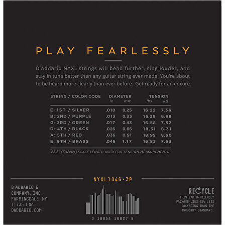 DADDARIO NYXL1046-3P ELEKTRO GİTAR TEL SETİ, 3 LÜ PAKET,  REGULAR LIGHT