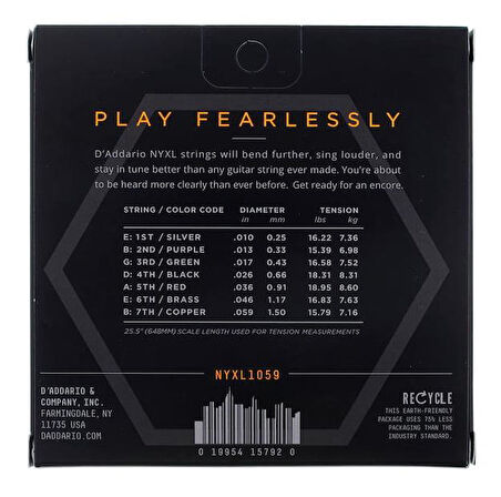 DADDARIO NYXL1059 ELEKTRO GİTAR TEL SETİ, 10-59, 7 TELLİ, REGULAR LIGHT