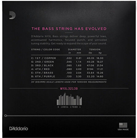 DADDARIO NYXL32130 BASS GİTAR TEL SETİ, NYXL SERİSİ, LONG SCALE, 5 TELLİ