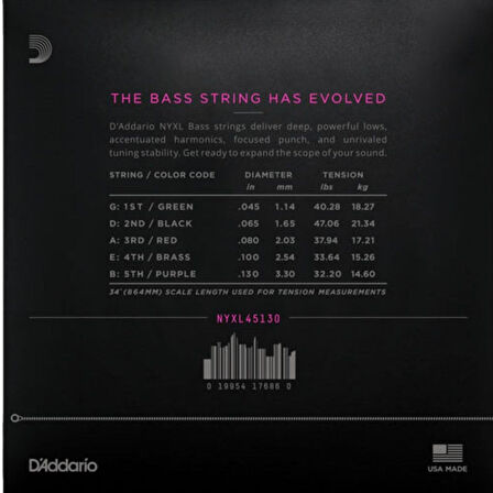 DADDARIO NYXL45130 BASS GİTAR TEL SETİ, NYXL SERİSİ, LONG SCALE, 5 TELLİ