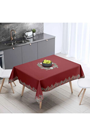 Kırmızı Mini Kozalak Detaylı Masa Örtüsü-  İnce Keten Uluslararası Yıkama ve Solmama Sertifikası