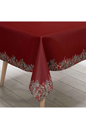 Kırmızı Mini Kozalak Detaylı Masa Örtüsü-  İnce Keten Uluslararası Yıkama ve Solmama Sertifikası