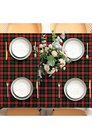 Kırmızı - Yeşil Kareli Masa Örtüsü-  İnce Keten Uluslararası Yıkama ve Solmama Sertifikası