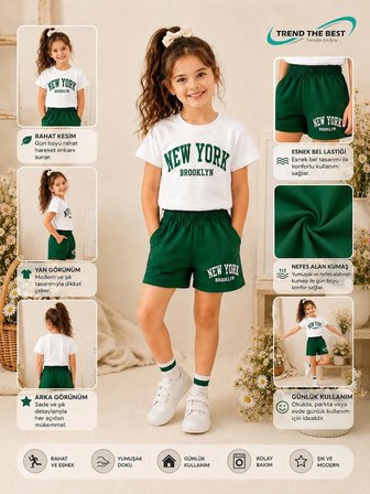 Yazlık Yeşil New York Brooklyn Baskılı Kız Çocuk Yeşil Şort, Beyaz T-Shirt Takım