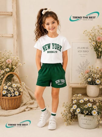 Yazlık Yeşil New York Brooklyn Baskılı Kız Çocuk Yeşil Şort, Beyaz T-Shirt Takım