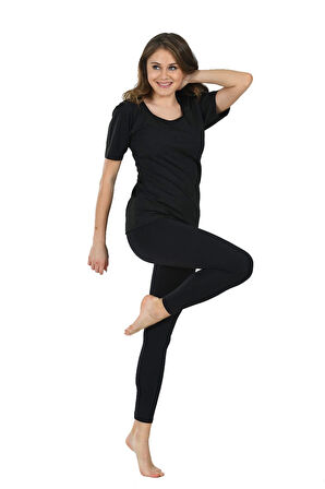 Siyah Kadın Yarım Kollu Termal Sauna Atlet Tayt Takım - 746