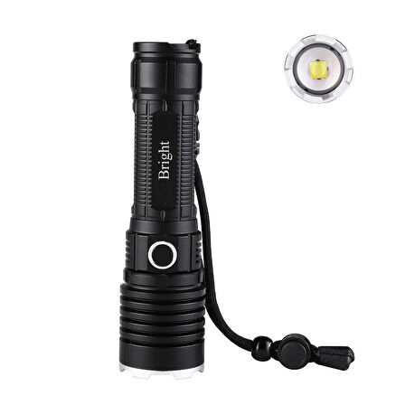 Bright Ght-5761 Xp90 Led 3 Mod Zoomlu Yağmur Suyu Geçirmez Şarjlı El Feneri 26650 Pilli