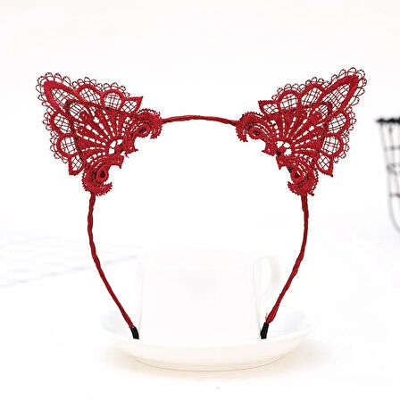 Dantelli Kırmızı Kedi Tacı - Vintage Tarz Dantel Kedi Kulak