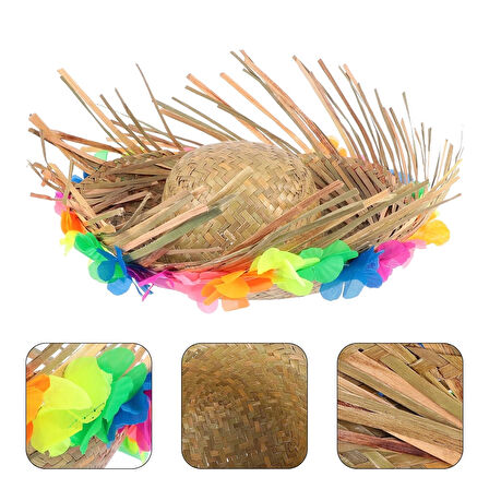 Naturel Renk Püsküllü Örme Hasır Hawaii Luau Aloha Şapka 13x36 Cm