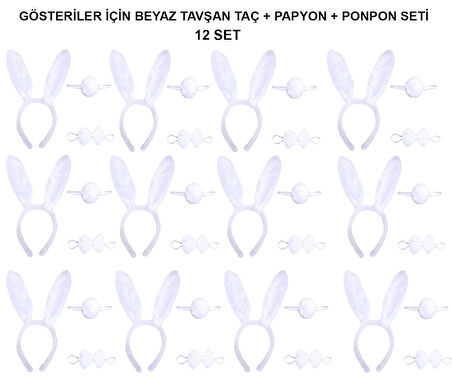 Beyaz Tavşan Kostüm Seti – Taç, Papyon, Kuyruk (12’li Paket)