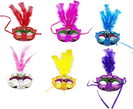 Renkli Tüylü Venedik Parti Maskesi Karışık Renk 12 Adet