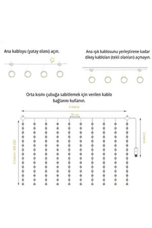 Lw-7 300 Ledli 10 Sarkıt Perde Led Işık, 8 Modlu Uzaktan Kumandalı, 3x3 Metre Peri Telli Led
