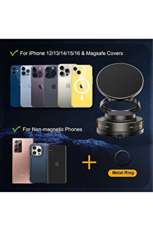 Metalik Magsafe Telefon Tutucu Tüm Yüzeylerle Uyumlu Vakumlu 360 Dönen Oynar Başlık